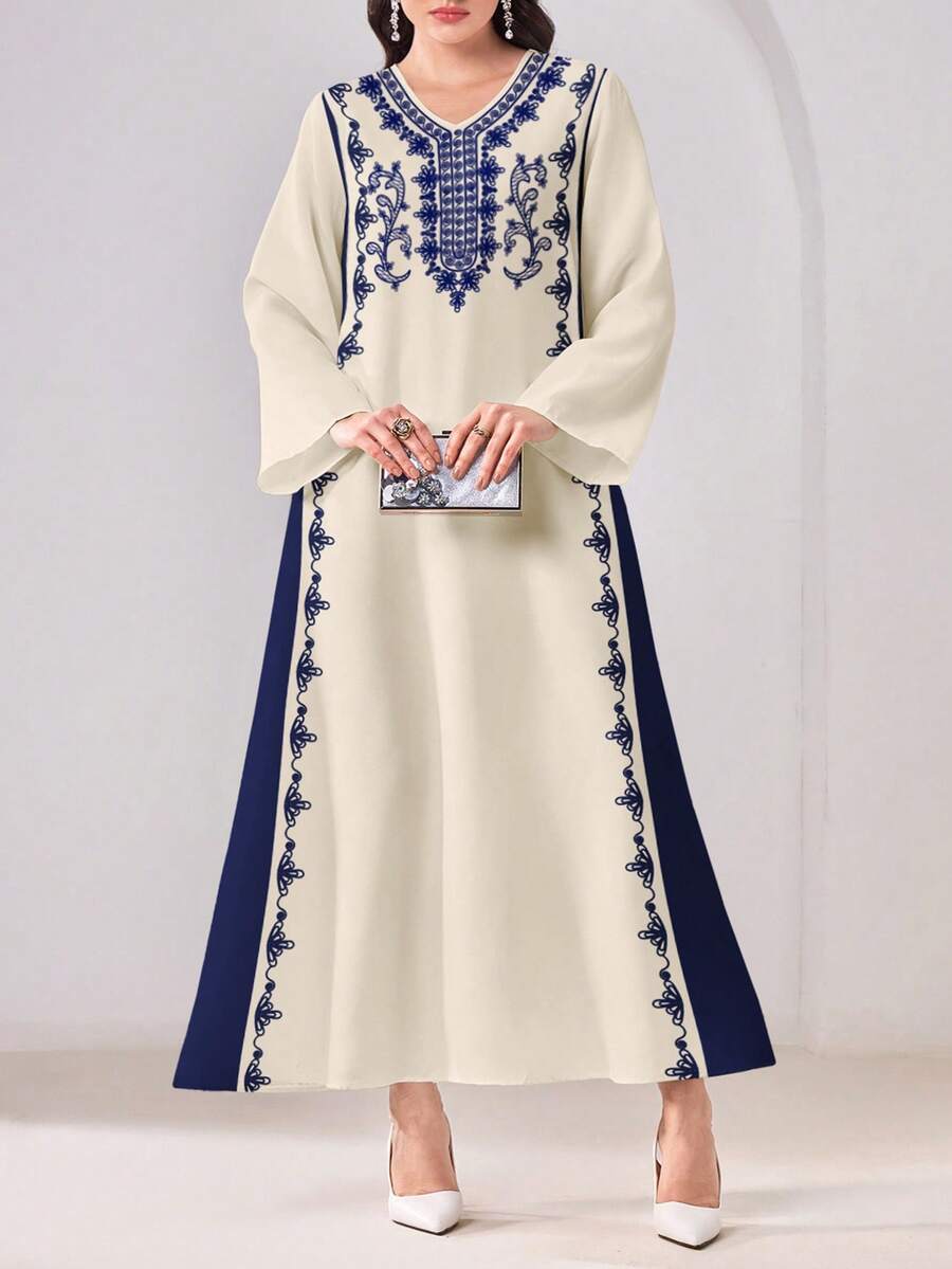 Al Najma Casual Minimalist Plus Size Elegant Floral Print Loose Arabic Style Dress - Multicolor - View 1