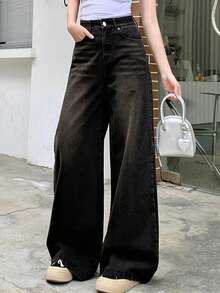 DAZY Washed Flared Wide-Leg Denim Pants,Baggy Jeans Y2k Low Rise Jeans - Black - View 6