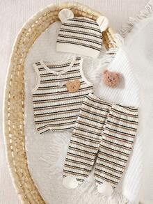 SHEIN Conjunto de roupa de casa para recém-nascido com 3 peças em malha waffle - Body listrado + Calça com pezinhos + Gorro fofo com orelhas de urso. Decoração realista de urso, design com pezinhos e barriguinha, tecido macio e respirável, adequado para recém-nascidos em todas as estações. - Multicolorido - Ver 1