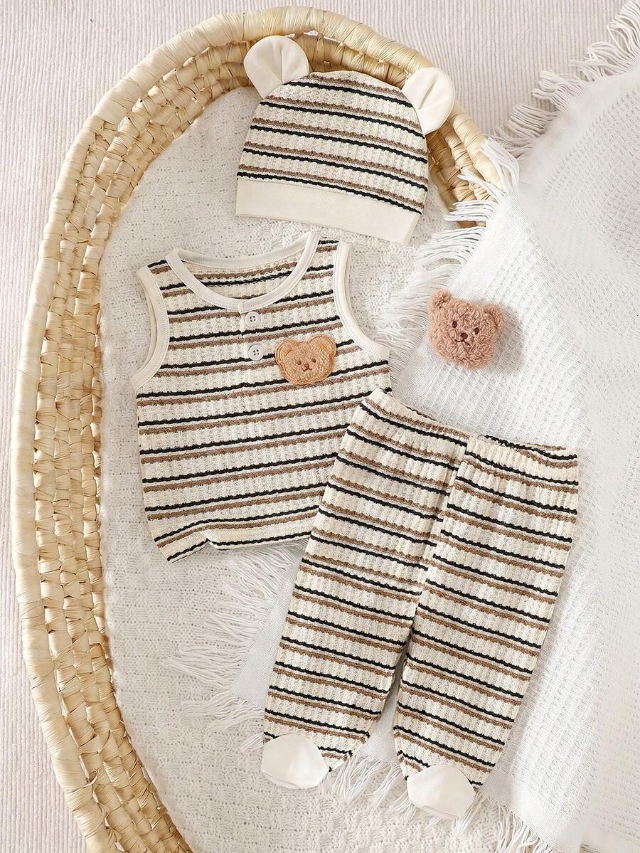 SHEIN Conjunto de roupa de casa para recém-nascido com 3 peças em malha waffle - Body listrado + Calça com pezinhos + Gorro fofo com orelhas de urso. Decoração realista de urso, design com pezinhos e barriguinha, tecido macio e respirável, adequado para recém-nascidos em todas as estações. - Multicolorido - Ver 1