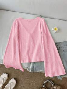 SHEIN LUNE Áo kiểu nữ cotton dệt kim sọc hồng, phong cách casual, dây buộc, tay loe - Màu Hồng baby - Xem 2