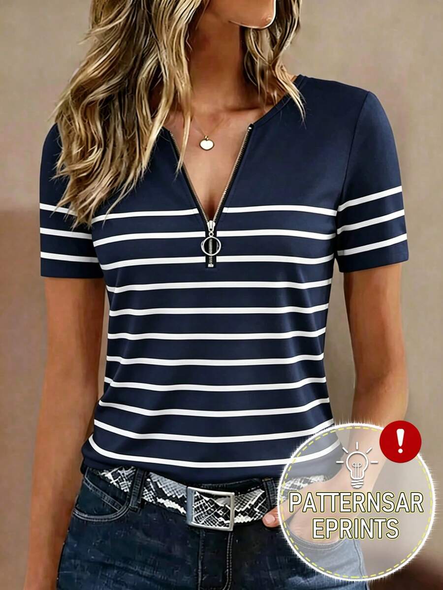 EMERY ROSE Women's V-Neck Short Sleeve Striped Print T-Shirt, Metal Zipper Design, Summer - Multicolor - View 1