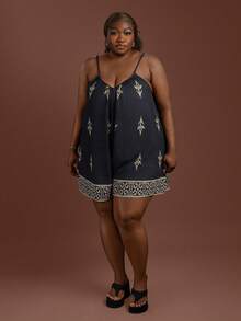 CurvyTilda Mono sin mangas con estampado floral para mujer de talla grande, estilo de vacaciones, fiesta de té de verano, vuelta al colegio, fiesta de bienvenida, estilo de dinero antiguo negro, para Body con forma de reloj de arena - Negro - Ver 1