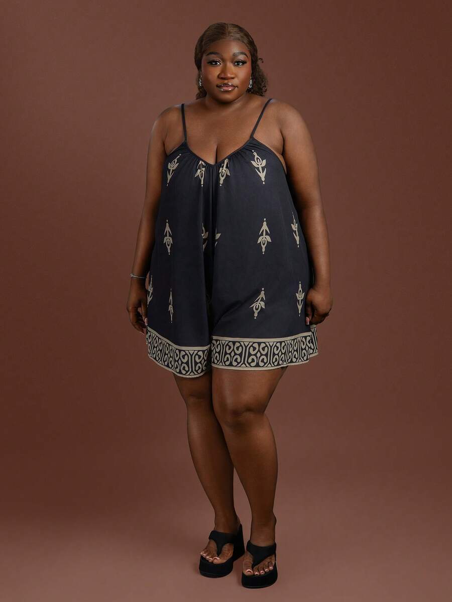CurvyTilda Mono sin mangas con estampado floral para mujer de talla grande, estilo de vacaciones, fiesta de té de verano, vuelta al colegio, fiesta de bienvenida, estilo de dinero antiguo negro, para Body con forma de reloj de arena - Negro - Ver 1