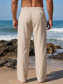 Manfinity RSRT Men's Solid Color Drawstring Waist Pocket Casual Versatile Daily Wear Pants, Holiday - Beige - View 2