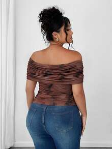 Elenzga Plus Size Women Elegant Off-Shoulder Ruched Asymmetric Hem Cinched Waist T-Shirt - Brown - View 2