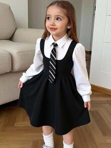 Young Girl Casual Colorblock Collared Patchwork Flared Waist Long Sleeve Dress Fall Winter - Black and White - View 1
