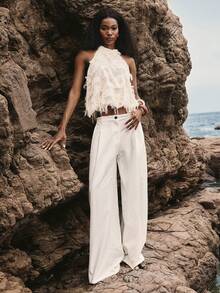 ATUI Studio Women's Off-White Textured Fringe Top – Elegant Chic Fringed Blouse, Everyday Basic For Summer Beach Vacation, Party - Khaki - View 5