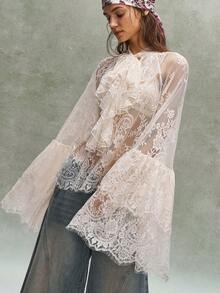 Bohemela Solid Color Lace Ruffle Hem Loose Blouse For Women, Spring/Summer,Summer Top - Apricot - View 4