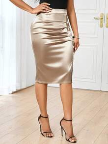 SHEIN Lady 女款素色百褶休閒百搭約會與外出裙 - 金色 - 查看 5