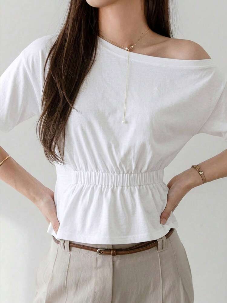 Women's Solid Color Minimalist Casual Asymmetric Neck T-Shirt Summer Business Casual Woman