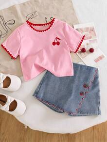 SHEIN Elladie kids 女童两件套，圆领针织T恤和牛仔短裙，刺绣撞色设计，休闲可爱樱桃图案，夏季短袖短裤套装 - 粉色 - 查看 3