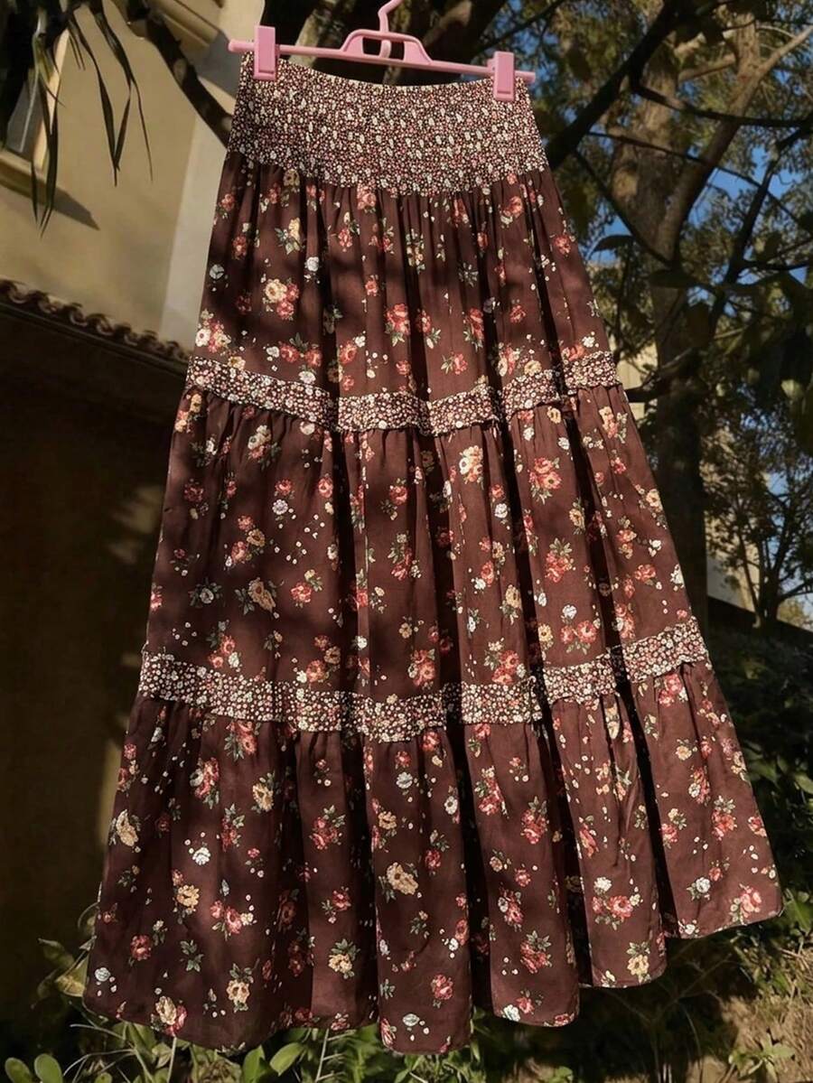 Flirla Plus Size Fashionable Versatile Ditsy Floral Lace Patchwork Long Skirt - Brown - View 1