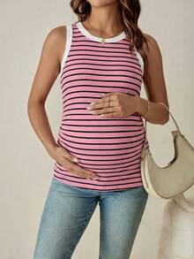 SHEIN Maternity Striped Casual Versatile Contrast Color Round Neck Tank Top - Dusty Pink - View 4