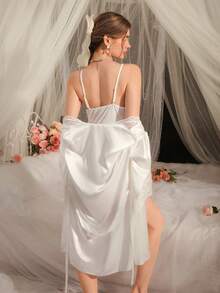 DelicateAllure Bộ 2 món áo ngủ và áo choàng gợi cảm dây mảnh dành cho nữ - trắng - Xem 2