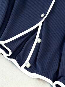 GlowEve CURVE Plus Size Casual Daily Contrast Rib Knit Camisole And Button Front Jacket 2 Pieces Set - Navy Blue - View 5