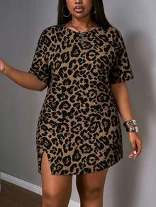 Slaydiva Plus Size Leopard Print Round Neck Short Sleeve Summer Dress, Suitable For Party - Multicolor - View 6