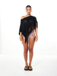 SUMWON WOMEN Poncho de punto de ganchillo oversize con hombros descubiertos y flecos en el bajo, para cubrir en la playa o festivales de verano - Negro - Ver 4