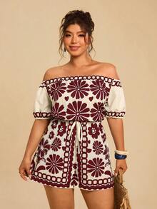 Travachic Plus Size Women's Blue & White Floral Print Romper, Off-Shoulder Short Sleeve Cinched Waist Jumpsuit, Casual Holiday Island Vacation Jumpsuit - Burgundy - View 1