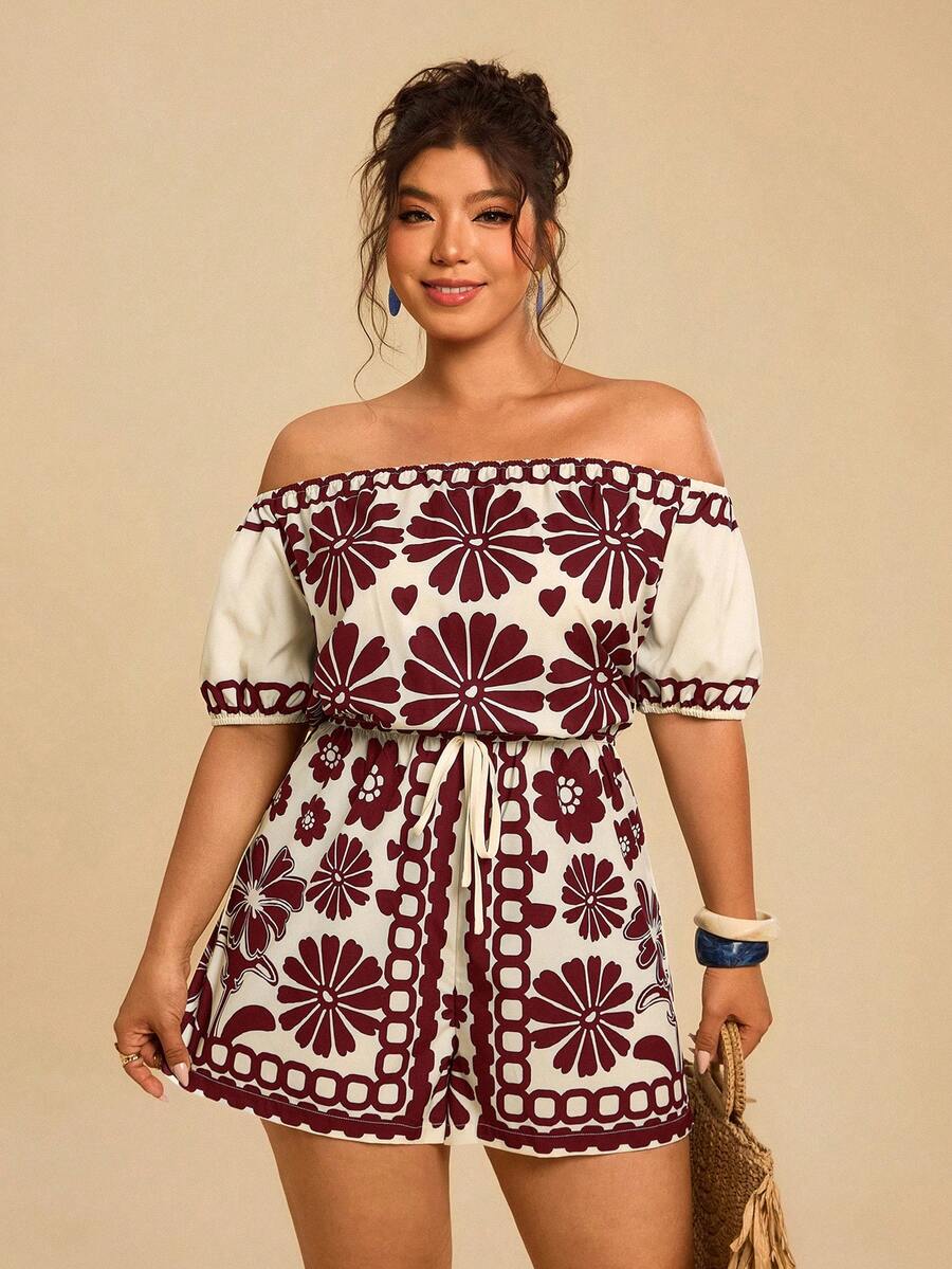 Travachic Plus Size Women's Blue & White Floral Print Romper, Off-Shoulder Short Sleeve Cinched Waist Jumpsuit, Casual Holiday Island Vacation Jumpsuit - Burgundy - View 1