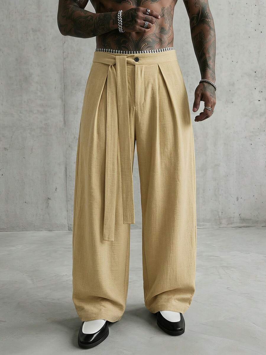 AXEPEAK Men's Solid Color Knotted Waist Wide Leg Loose Pants - Apricot - View 1