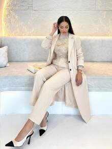 Shopreo Deep Grey Lapel Wide Strap Long Women Suit Pants Set Fall Cloth For Women - Apricot - View 2