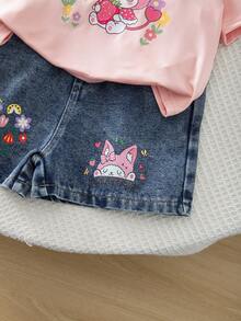 Conjunto de camiseta de manga corta con cuello redondo y estampado de mariposas + pantalones cortos vaqueros con cintura elástica y estampado de mariposas, estilo casual y dulce para uso diario de niñas - Rosa - Ver 6