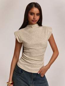 SHEIN BAE Damen Lässig Plissee Boot-Ausschnitt Gepolsterte Schulter Bluse, geeignet für Arbeit, Pendeln, Lässig, Lehrerin, Beige Top, Outdoor-Kleidung - Beige - Übersicht 6