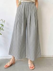 DAZY Women's Striped Pocket Casual Loose Vacation Pants Vacation Beige Autumn - Black - View 7
