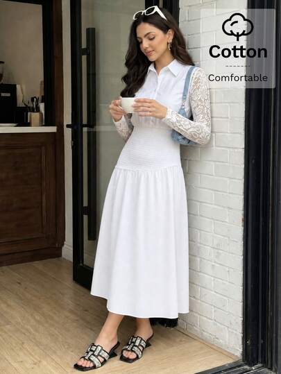 Solavon 女士通勤腰部收褶衬衫领连衣裙
