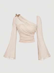 SHEIN MOD Plus Size Asymmetric Shoulder Flare Sleeve Brown Top With Bow Tie Metal Button, Vintage Bohemian Style For Spring/Summer, Suitable For Vacation Fall - Apricot - View 5