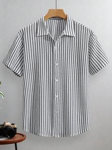 EGENSIO Men's Black & White Striped Simple Daily Short Sleeve Shirt, Summer - Black and White - View 2