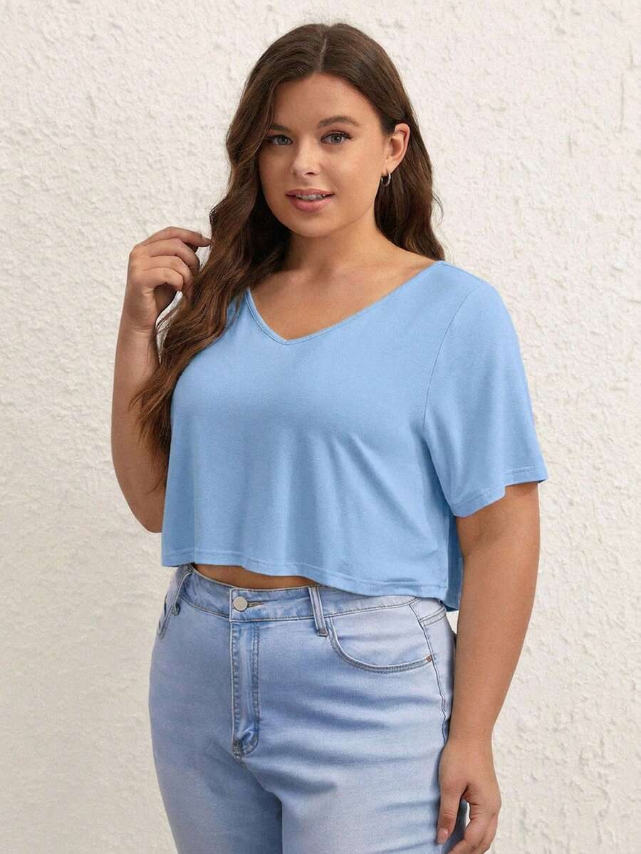 SHEIN BASICS 大码女式休闲纯色V领短款T恤