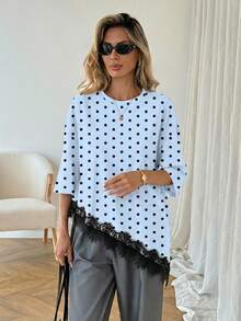 SHEIN LUNE Áo thun nữ màu trơn, vạt áo bất đối xứng, phối ren, kiểu dáng thường ngày, đa năng, thích hợp mặc đi nghỉ mát, hè, xuân, nghỉ xuân và nhiều dịp khác, bao gồm váy đi biển, áo sơ mi thường ngày, áo khoác ngoài và áo mùa hè. - Nhiều màu - Xem 3