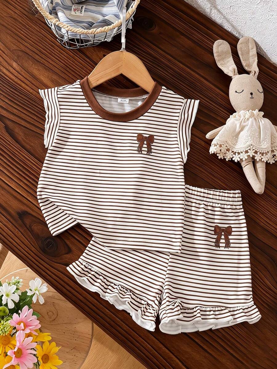 SHEIN Genkimix Kids 2件/套 女嬰幼童 0-3歲 春夏休閒日常度假 紋理針織彩色條紋荷葉袖圓領T恤與短褲套裝
