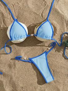 Swim Vcay Swimsuits For Woman Summer Beach Rib Binding Trim Halter Micro Triangle Bikini Blue Bikini Set Vacation Bikini Set Blue Bathing Suits - Blue - View 3