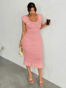 Firerie Plus Size Solid Color U-Neck Cap Sleeve Ruffle Hem Drawstring Summer Sweater Dress Fall - Pink - View 7