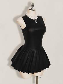 SHEIN ICON 女士纯色圆领无袖褶裥下摆迷你连衣裙 - 黑色 - 查看 7