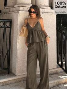 Siren Gaze Women's Solid Color Minimalist Camisole Top And Pants 2 Pieces Set - Army Green - View 7