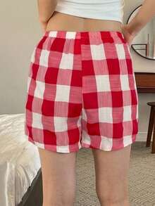 DAZY Quần pajama ngắn dáng rộng kẻ caro cho nữ, đồ ngủ mùa xuân/hè. - Đỏ và trắng - Xem 2