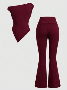 SHEIN 少女休闲酒红色3D立体花卉装饰针织修身上衣和喇叭裤套装 - 酒紅色 - 查看 2