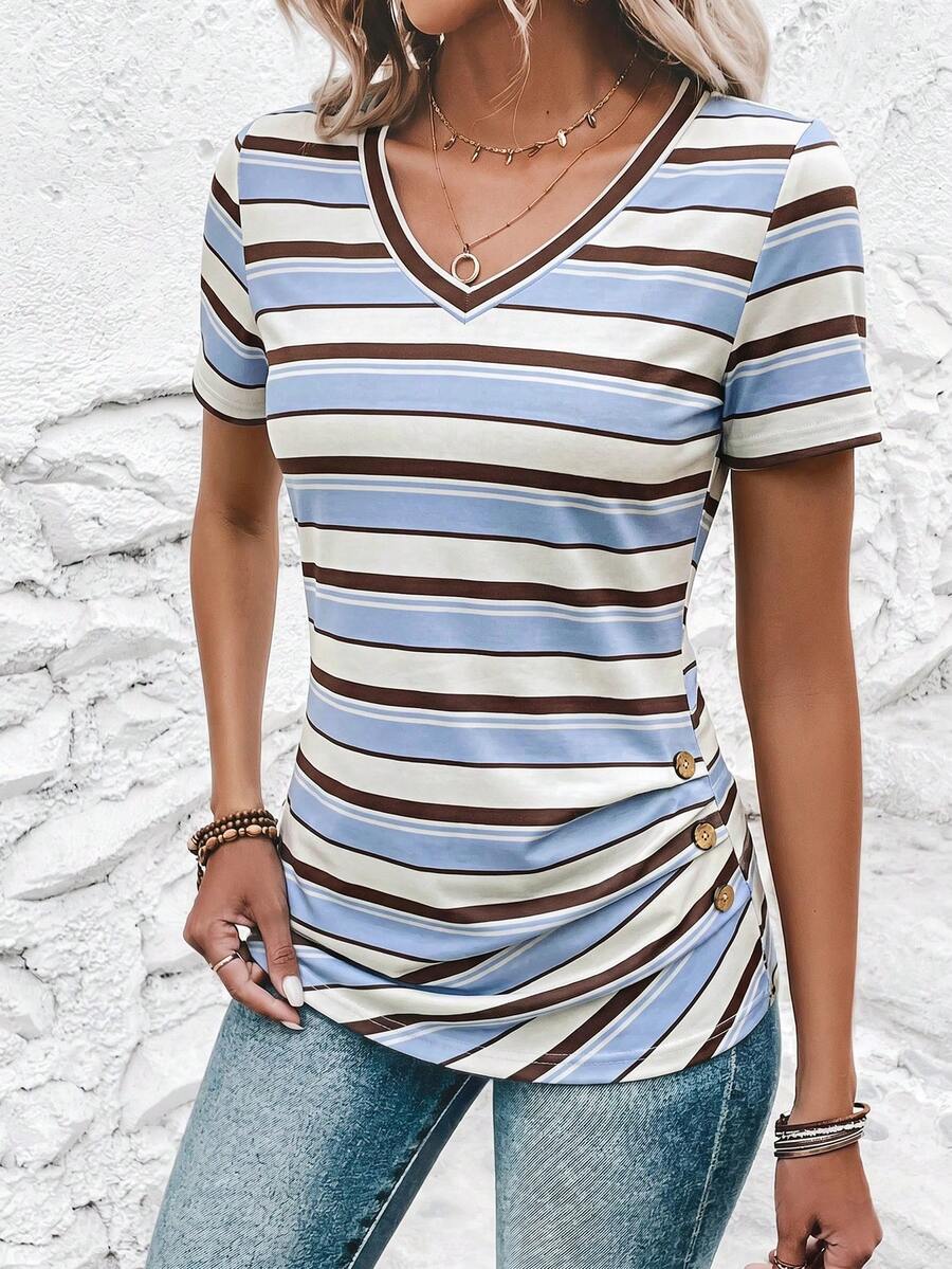 SHEIN Clasi Camiseta de mujer de manga corta con cuello en V a rayas - Multicolor - Ver 1