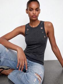 Maija 女款炭灰色夏季鏤空圓領背心上衣，街頭風城市度假休閒優雅無袖上衣，節慶派對上衣 - 黑色 - 查看 5
