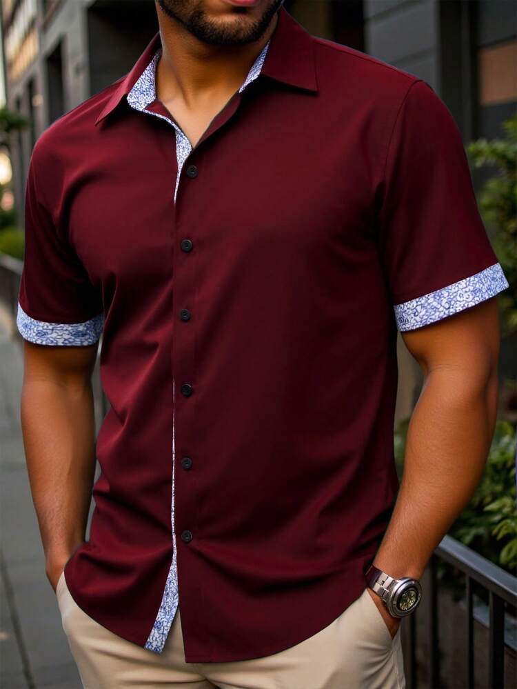 Manfinity Homme Plus Size Men's Graphic Print Front Button Short Sleeve Shirt, Summer - Burgundy - View 1