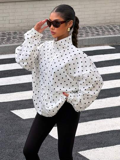 Muchica Women's Winter Coats White Polka Dot Print And Sun-Protective High-Neck Zipper Loose Woven Long-Sleeved Thin Jacket For Women's Sportswear  Polka Dot