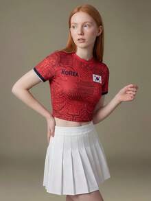 Elnivra 女款字母與國旗印花圓領短袖T恤 - 紅色 - 查看 3