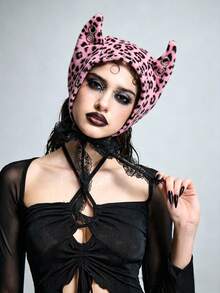 ROMWE Goth 1 chiếc mũ trùm đầu phong cách punk họa tiết da báo hồng, mũ trang trí sừng quỷ rỗng kim loại Y2K, mũ tai mèo mỏng bốn mùa - Mẫu báo màu hồng - Xem 3