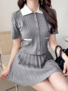 DAZY Women's Contrast Color Round Neck Short Sleeve Button Front Twist Knit Sweater 2 Pieces Set - Grey - View 4