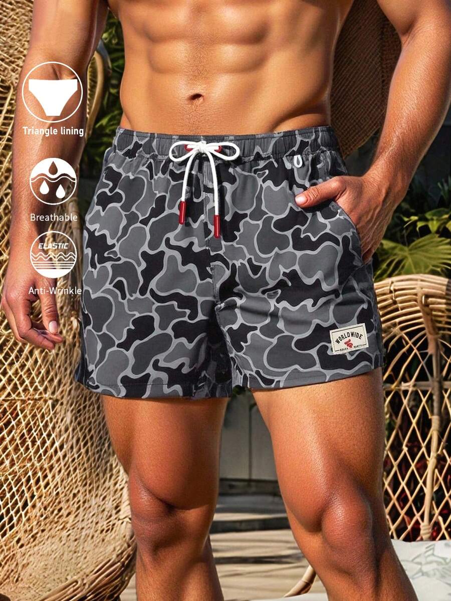 Manfinity VDAYZ Quần short đi biển nam kiểu dáng thường ngày, cạp chun co giãn, có túi, họa tiết rằn ri. - Màu xám đen - Xem 1