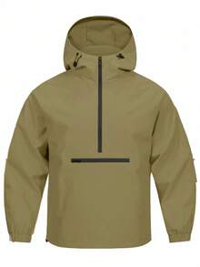 Manfinity Homme Men's Jacket And Coat, Long Sleeve Hooded Zipper Fashionable, Suitable For Summer - Khaki - View 1